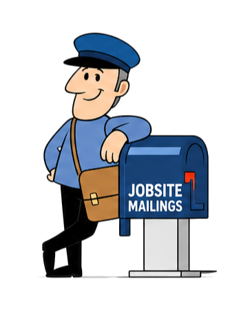 George the Mailman leaning against a Jobsite Mailings mailbox