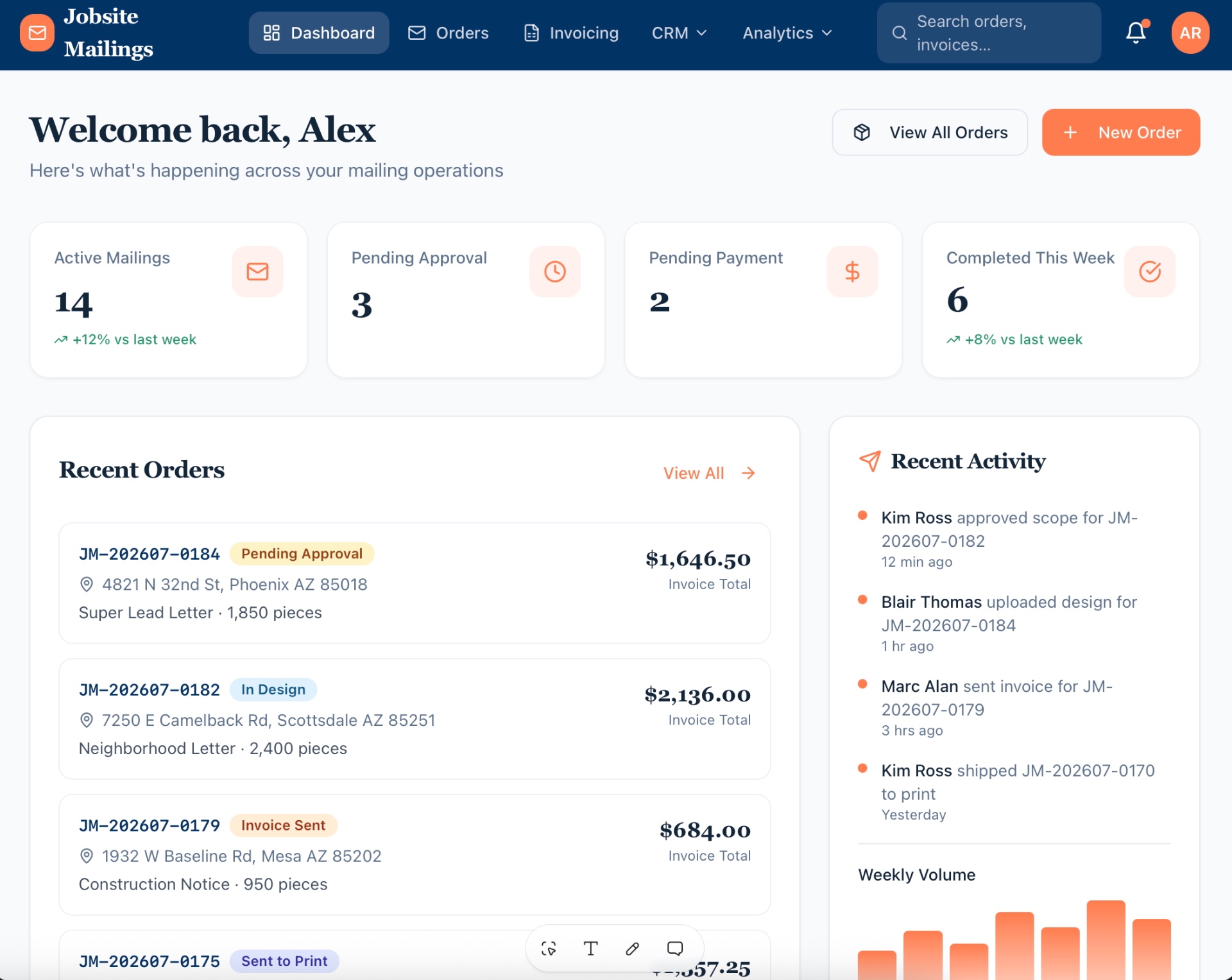 Jobsite Mailings Client Portal dashboard preview